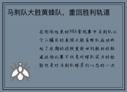 马刺队大胜黄蜂队，重回胜利轨道