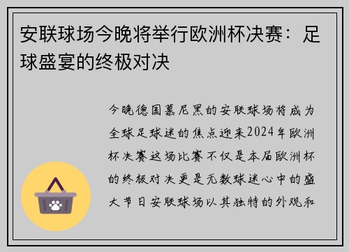 安联球场今晚将举行欧洲杯决赛：足球盛宴的终极对决