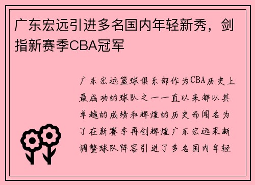 广东宏远引进多名国内年轻新秀，剑指新赛季CBA冠军