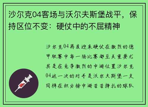 沙尔克04客场与沃尔夫斯堡战平，保持区位不变：硬仗中的不屈精神