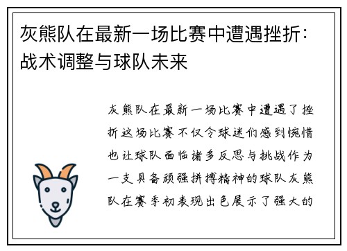 灰熊队在最新一场比赛中遭遇挫折：战术调整与球队未来